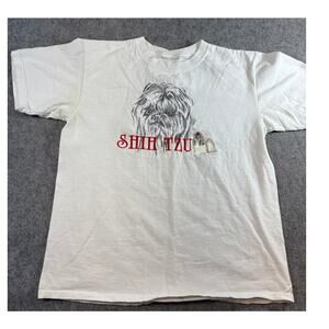 VINTAGE 90s Shih Tzu Shirt Mens Large White Embroidered Animal Dog Lover Tee